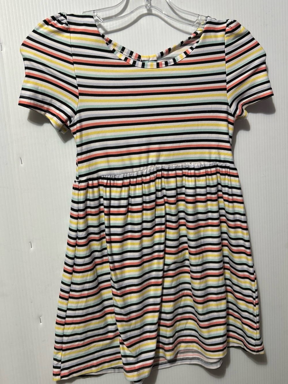 Girls' Short-Sleeve Striped Knit Dress in White, Black, Pink & Yellow